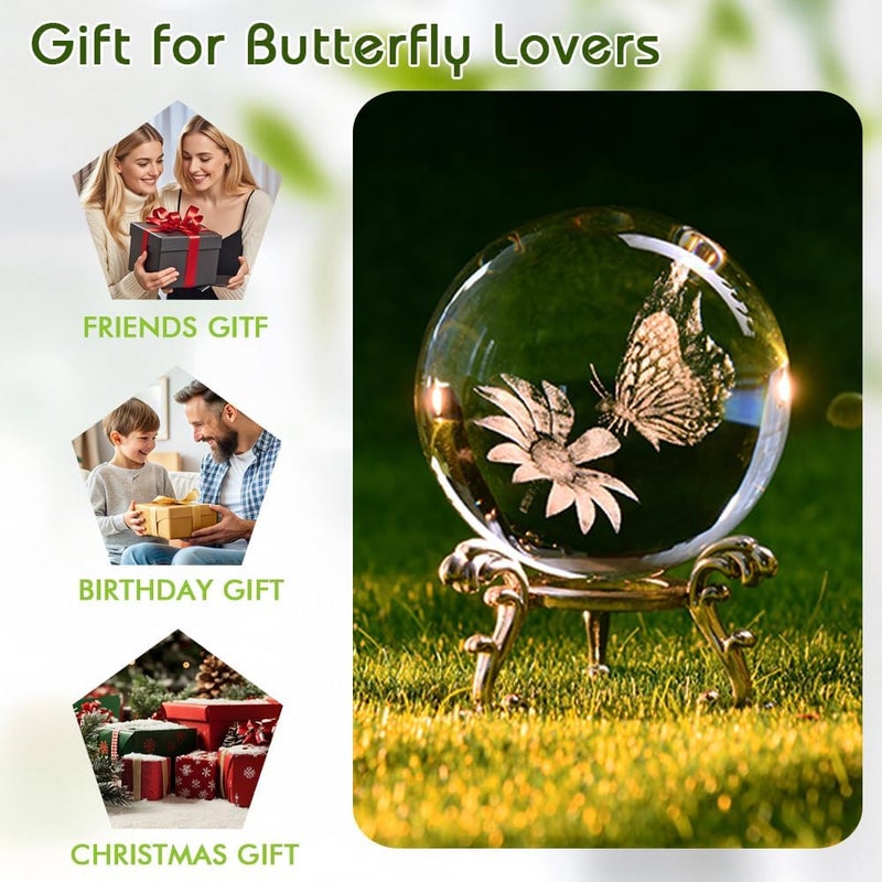 ZRENJHUS 3D Butterfly Crystal Ball Butterfly on Sunflower in Glass Ball 60mm Decorative Glass Ball with Stand Gifts for Women Girlfriend Wife Mom Couple Her - Image 3